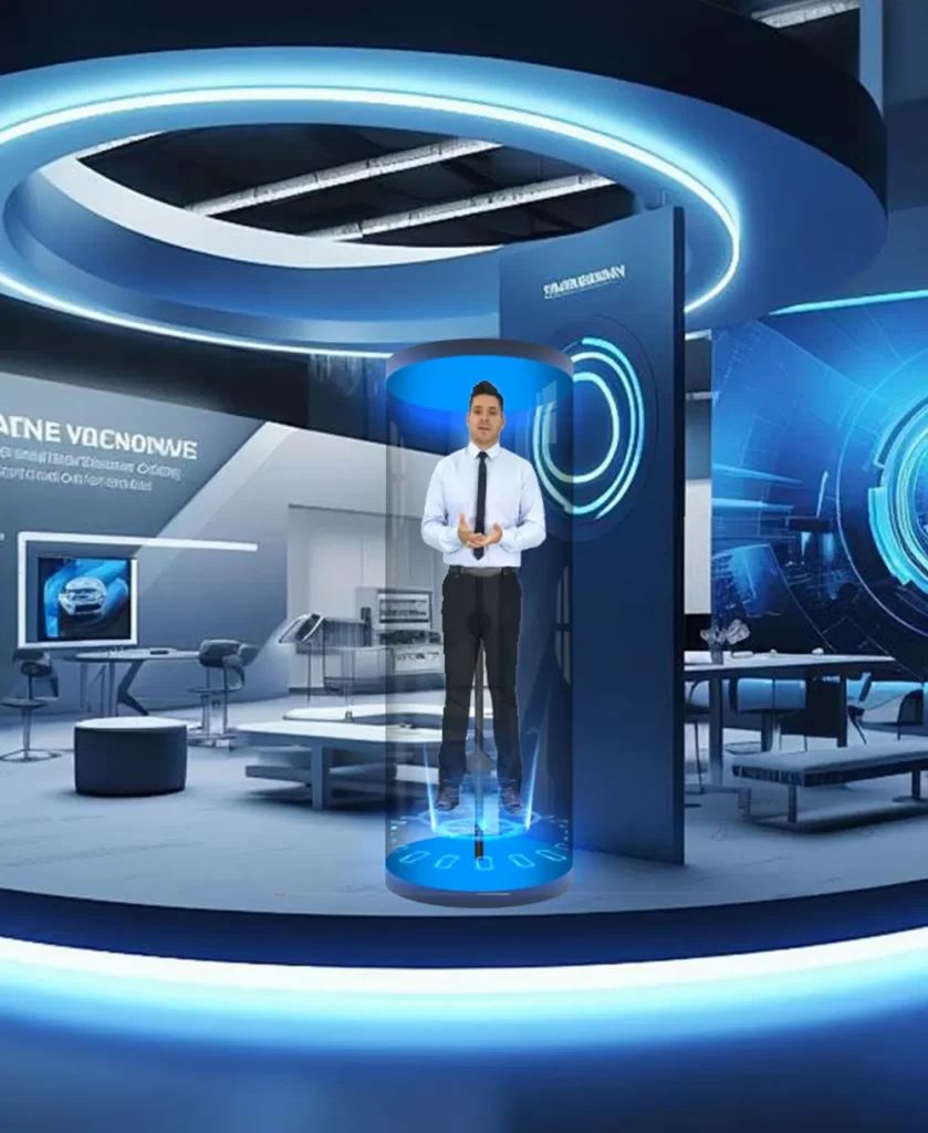 360 degree cylindrical holographic display column in corporate lobby showing life-size 3D brand ambassador