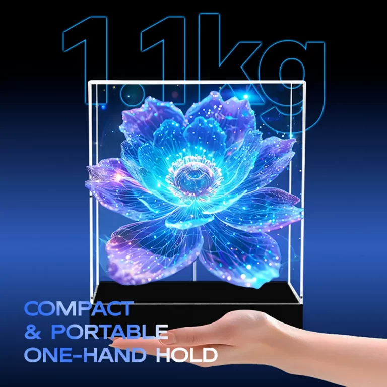 Portable 20cm holographic fan with protective cover showing battery indicator