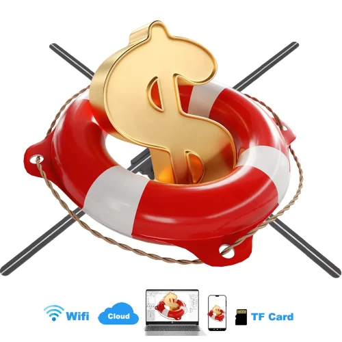 A 65cm (25.6-inch) 3D hologram fan displaying a vibrant, floating brand logo against a black background