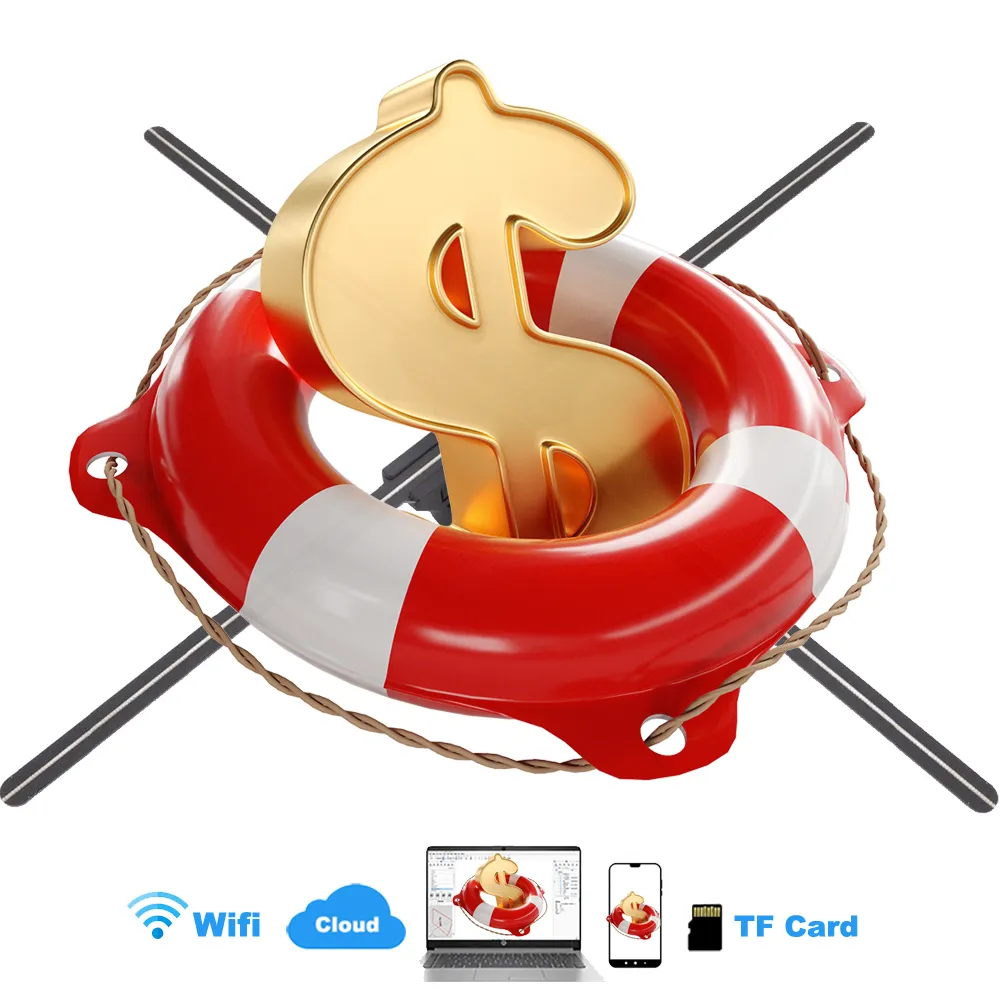 A 65cm (25.6-inch) 3D hologram fan displaying a vibrant, floating brand logo against a black background