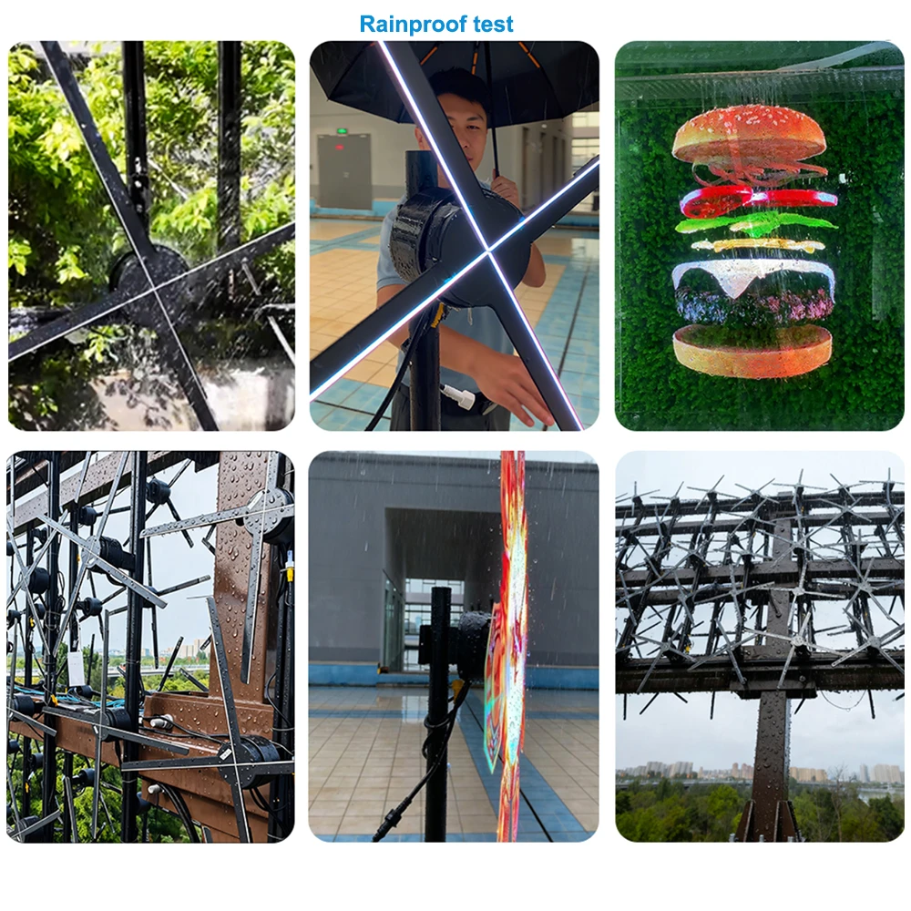 A80 80cm IPX6 Waterproof 3D Hologram Fan operating in heavy rain outdoors