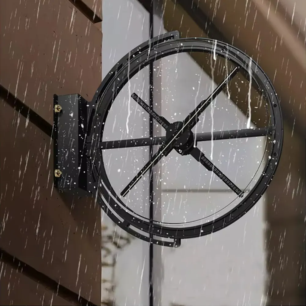 Waterproof dual-sided holographic fan light box displaying 3D animation outdoors