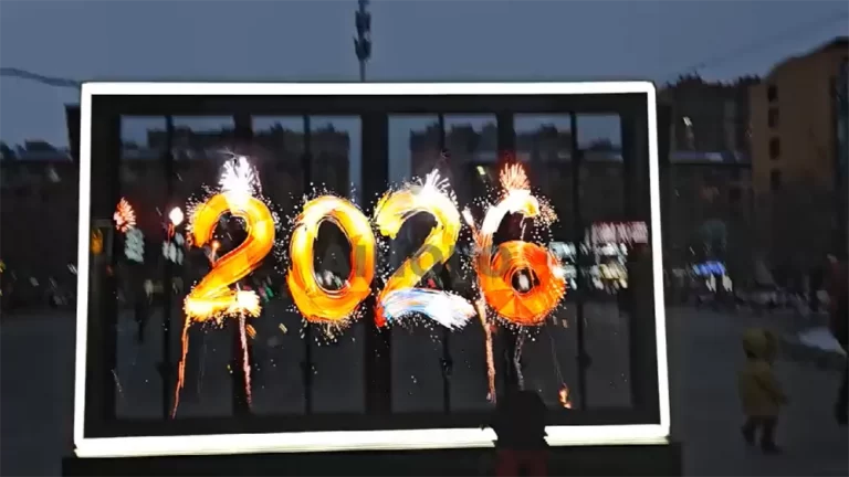 7x4 holographic video wall operating in snowy Harbin square at night