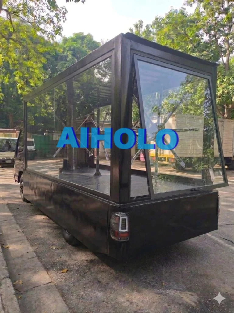 7‑fan mobile holographic truck with 3x150cm dual‑side front array and 150cm rear screen