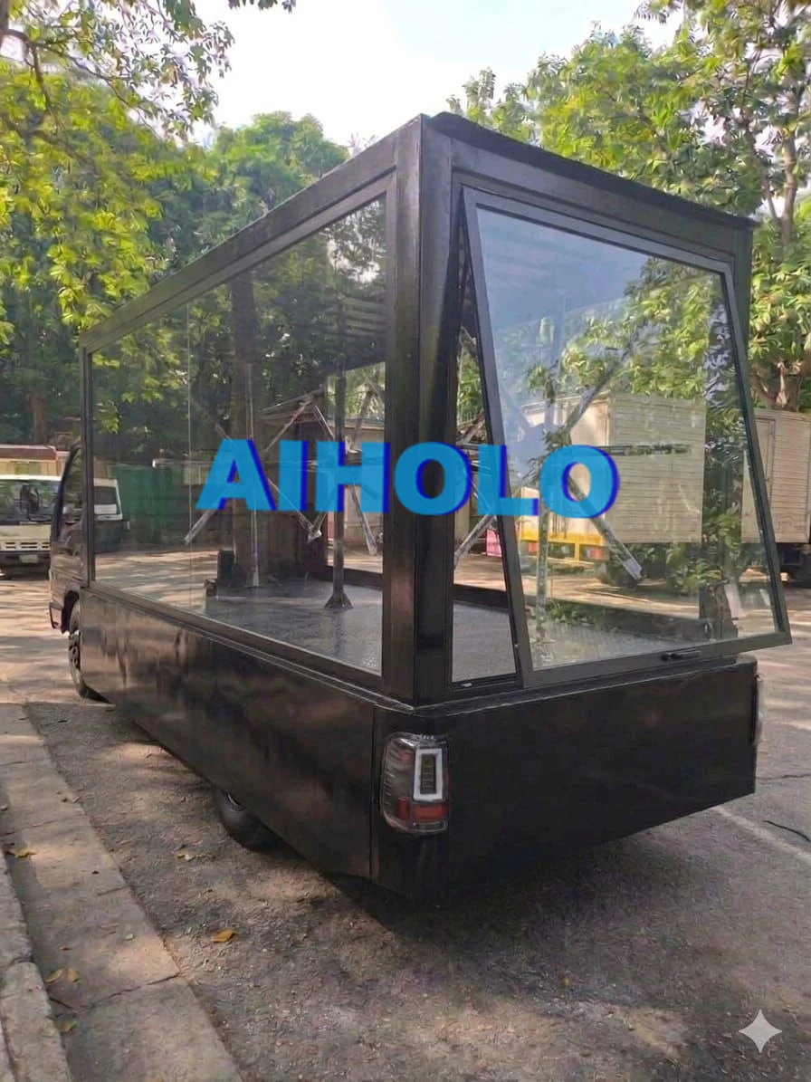 7‑fan mobile holographic truck with 3x150cm dual‑side front array and 150cm rear screen