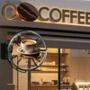 AIHOLO 42cm dual-sided hologram fan installed on street-facing retail storefront showing 3D product ad