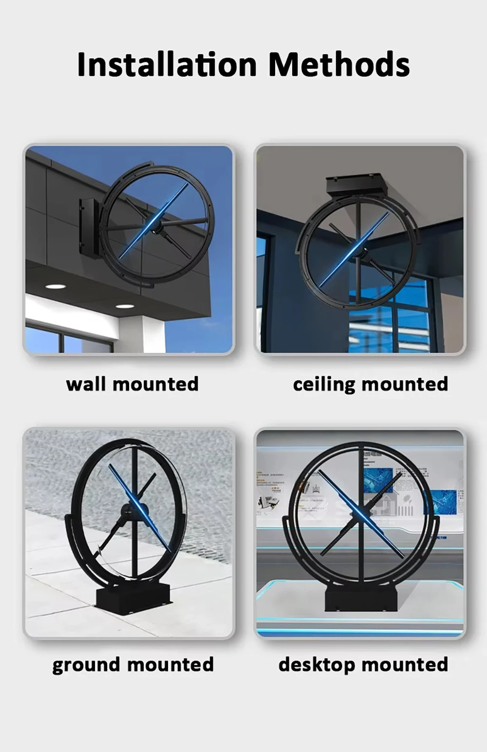 AIHOLO 42cm dual-sided hologram fan installed on street-facing retail storefront showing 3D product ad