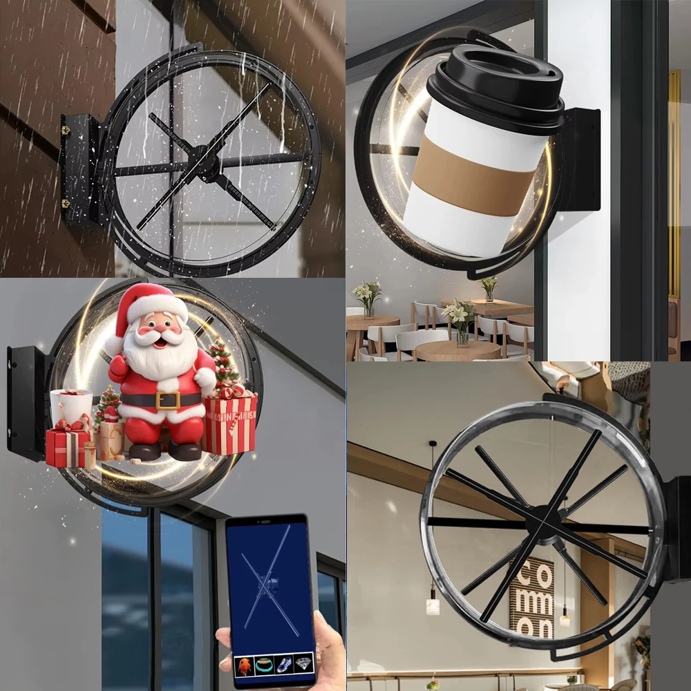 AIHOLO 42cm dual-sided hologram fan installed on street-facing retail storefront showing 3D product ad1