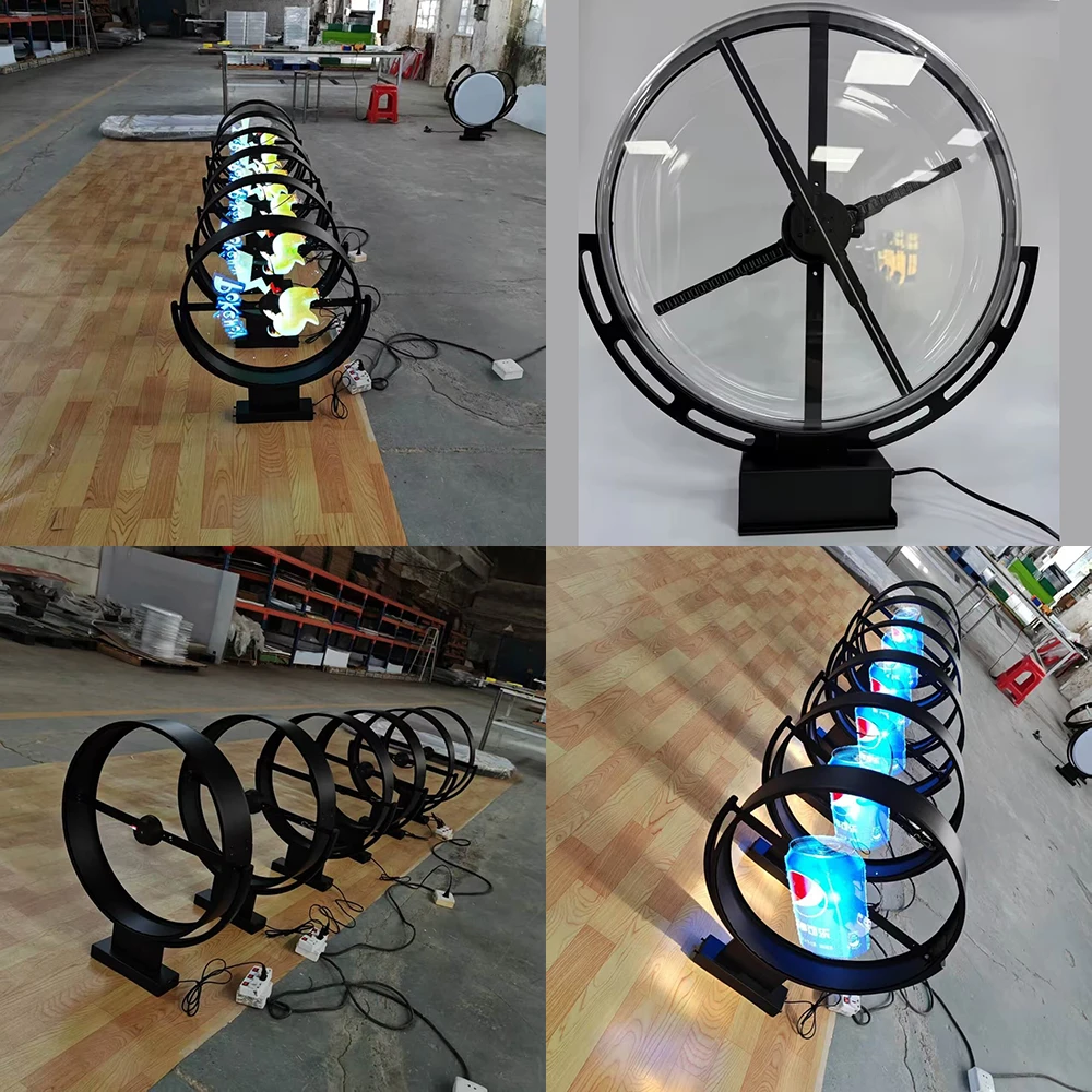 bulk installation of multiple AIHOLO 42cm hologram fans across retail chain storefronts