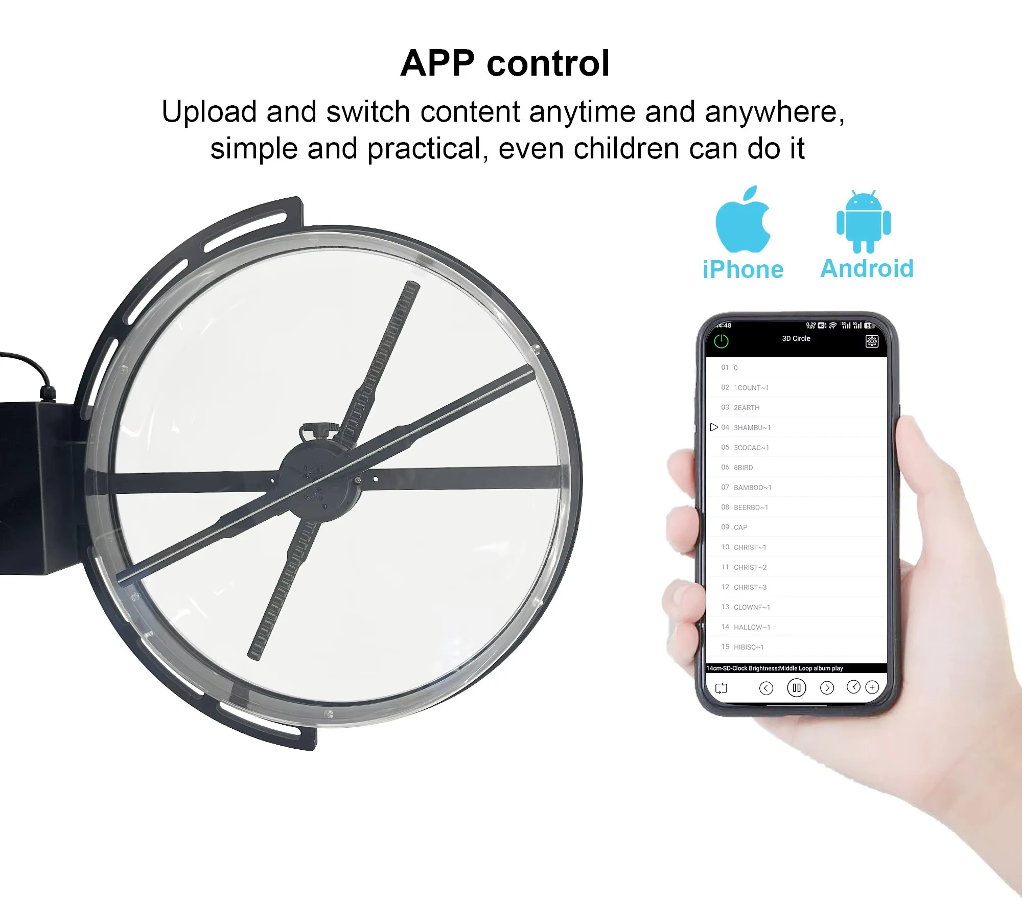 smartphone app control interface for AIHOLO 42cm hologram fan content management